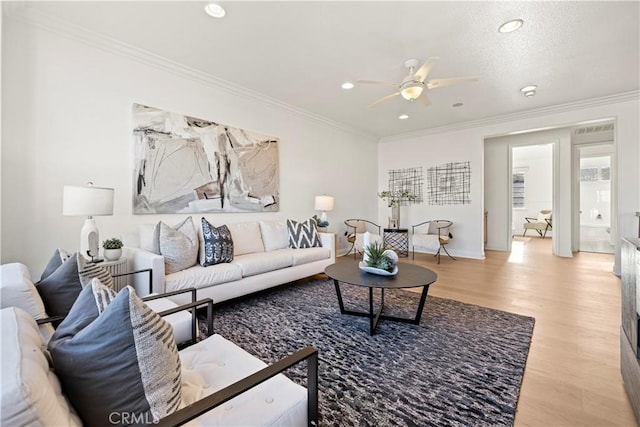 20100 Livorno Ln, Yorba Linda, CA 92886 - living room featuring ceiling fan, light wood finished floors, ornamental molding, and recessed lighting