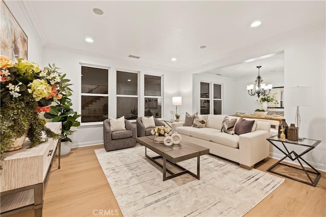 20100 Livorno Ln, Yorba Linda, CA 92886 - living room with light wood finished floors, a chandelier, recessed lighting, and crown molding