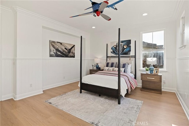 20100 Livorno Ln, Yorba Linda, CA 92886 - bedroom featuring wood finished floors, a wainscoted wall, ornamental molding, a decorative wall, and ceiling fan