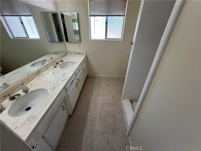 43216 San Miguel Way, Hemet, CA 92544 - bathroom featuring plenty of natural light, double vanity, and a tile shower