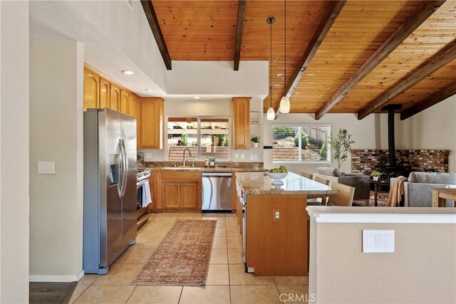 4826 Meadow Lark Ln, Paso Robles, CA 93446 - kitchen with appliances with stainless steel finishes, a wood stove, wooden ceiling, light tile patterned floors, and plenty of natural light