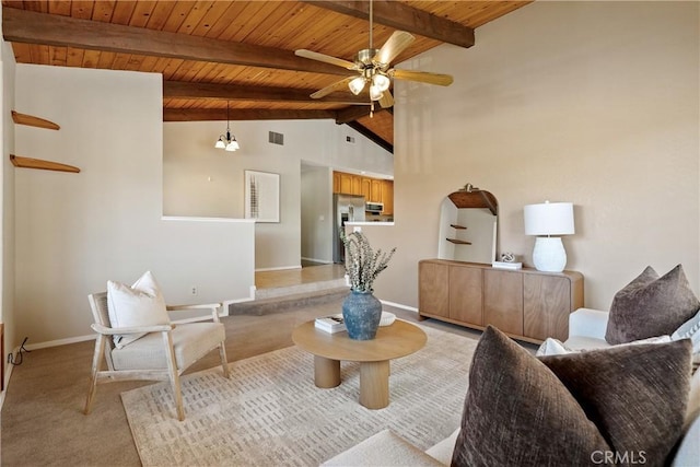 4826 Meadow Lark Ln, Paso Robles, CA 93446 - living room featuring wood ceiling, ceiling fan, and light carpet