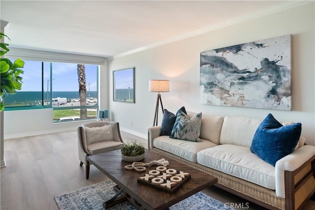 201 Calle Miramar Unit 8, Redondo Beach, CA 90277 - living area featuring crown molding, wood finished floors, and a water view