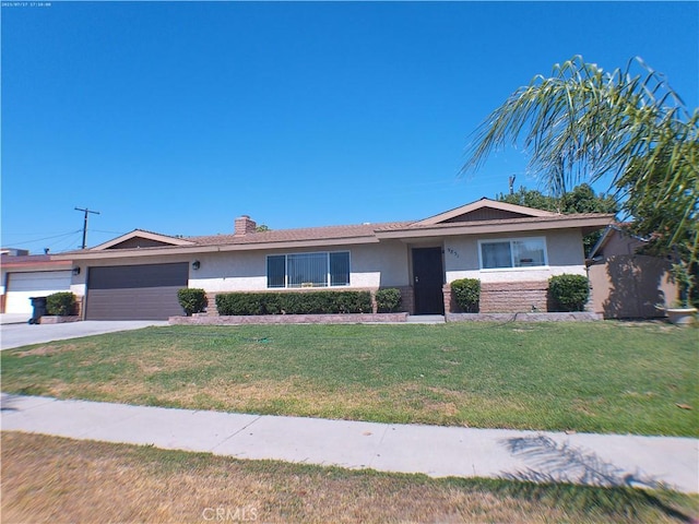 9831 Tangelo Ave, Bloomington, CA 92316 - ranch-style house featuring stucco siding, an attached garage, a front lawn, a chimney, and concrete driveway