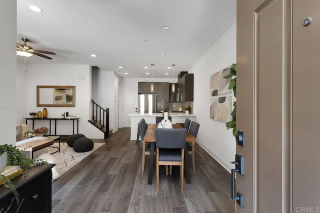3141 Dega Pl, Carlsbad, CA 92010 - dining space featuring dark wood finished floors, a ceiling fan, recessed lighting, and stairs
