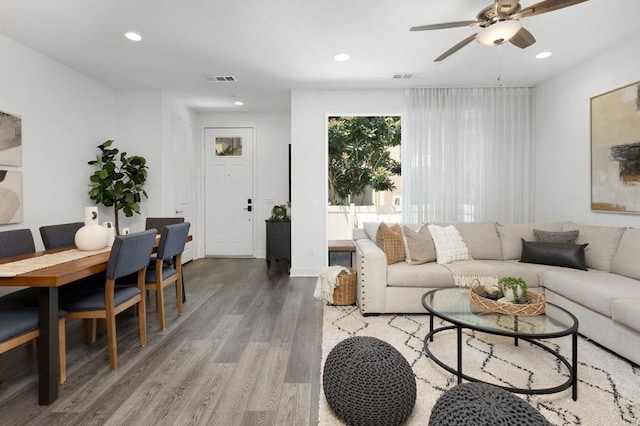 3141 Dega Pl, Carlsbad, CA 92010 - living room featuring wood finished floors, a ceiling fan, and recessed lighting