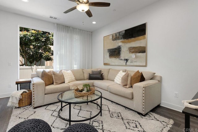 3141 Dega Pl, Carlsbad, CA 92010 - living area featuring wood finished floors, recessed lighting, and ceiling fan
