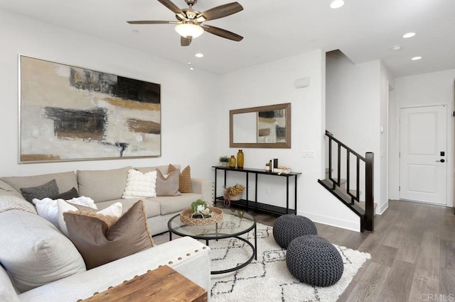3141 Dega Pl, Carlsbad, CA 92010 - living room with wood finished floors, stairway, a ceiling fan, and recessed lighting