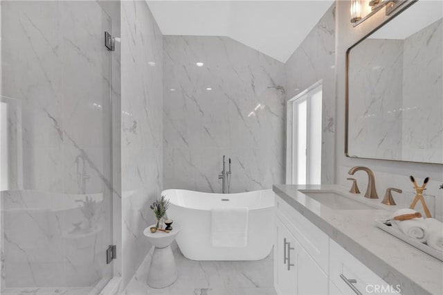 21212 Valleyview Dr, Walnut, CA 91789 - bathroom with vanity, marble tiled flooring, a soaking tub, and a marble finish shower