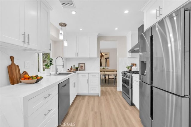 21212 Valleyview Dr, Walnut, CA 91789 - kitchen featuring appliances with stainless steel finishes, white cabinets, wall chimney exhaust hood, and recessed lighting