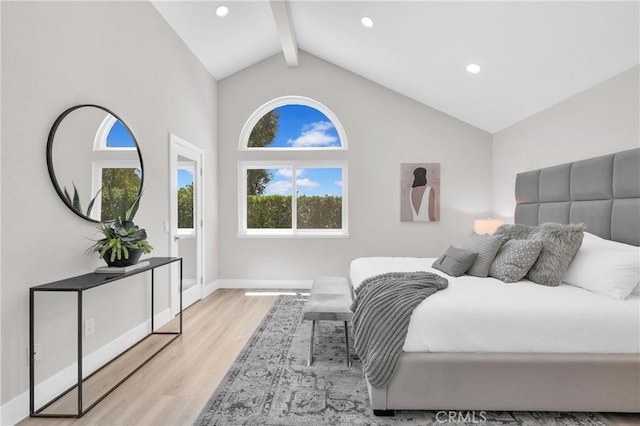 21212 Valleyview Dr, Walnut, CA 91789 - bedroom featuring beamed ceiling, wood finished floors, high vaulted ceiling, and recessed lighting