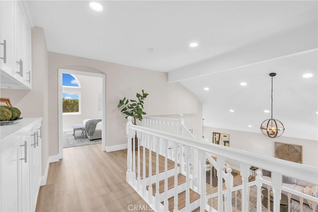 21212 Valleyview Dr, Walnut, CA 91789 - corridor with light wood-style floors, recessed lighting, a chandelier, and lofted ceiling