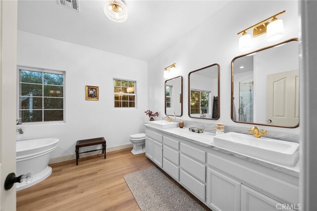 42333 Casa Verde, Temecula, CA 92592 - bathroom with double vanity, an enclosed shower, healthy amount of natural light, and wood finished floors