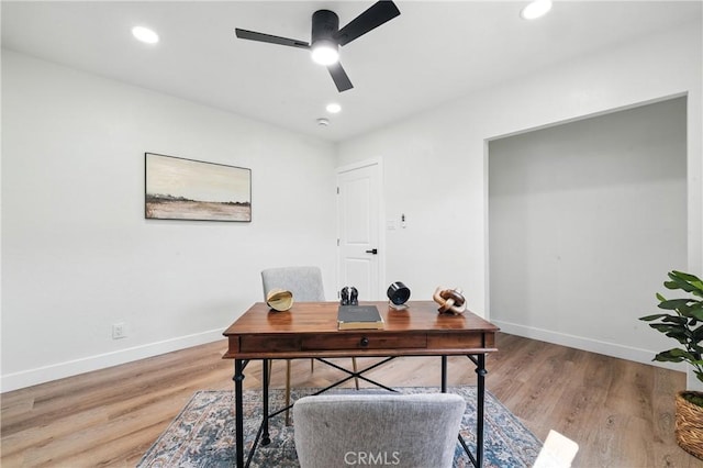 14581460 W 80th St, Los Angeles, CA 90047 - home office with a ceiling fan, light wood-style flooring, and recessed lighting