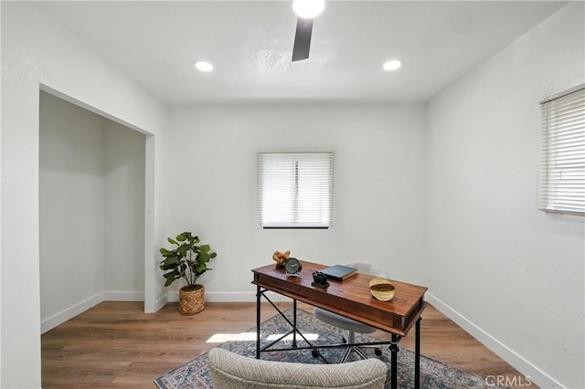 14581460 W 80th St, Los Angeles, CA 90047 - home office with plenty of natural light, light wood-style floors, recessed lighting, and a ceiling fan