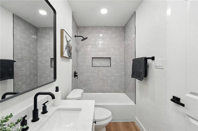 14581460 W 80th St, Los Angeles, CA 90047 - bathroom with wood finished floors, vanity, shower / bath combination, and recessed lighting