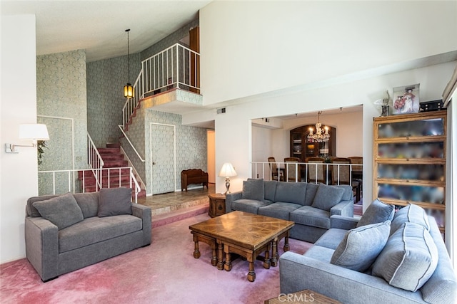 14772 Forrest Ln, Westminster, CA 92683 - living room with a chandelier, wallpapered walls, stairway, carpet, and a high ceiling