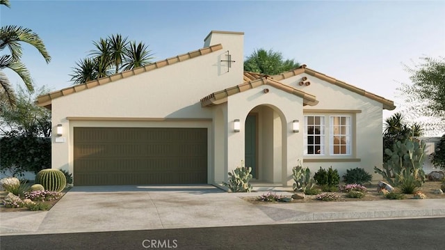 73718 Raphael Dr, Palm Desert, CA 92211 - mediterranean / spanish-style house with stucco siding, driveway, an attached garage, and a tiled roof