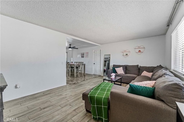 18396 Live Oak St, Hesperia, CA 92345 - living room with wood finished floors, a textured ceiling, and ceiling fan