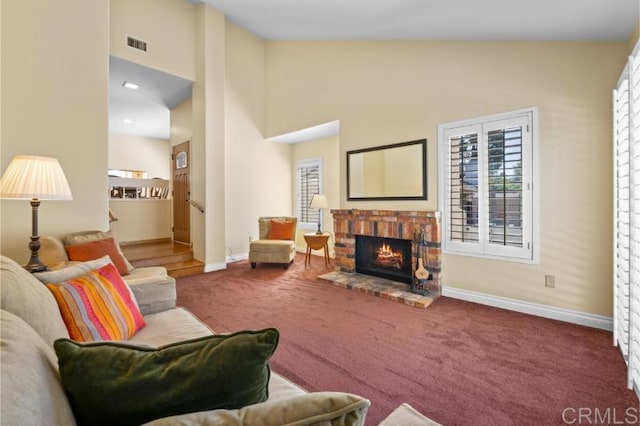 814 Cardamom Ct, Chula Vista, CA 91910 - living area with carpet flooring, healthy amount of natural light, a brick fireplace, and a towering ceiling