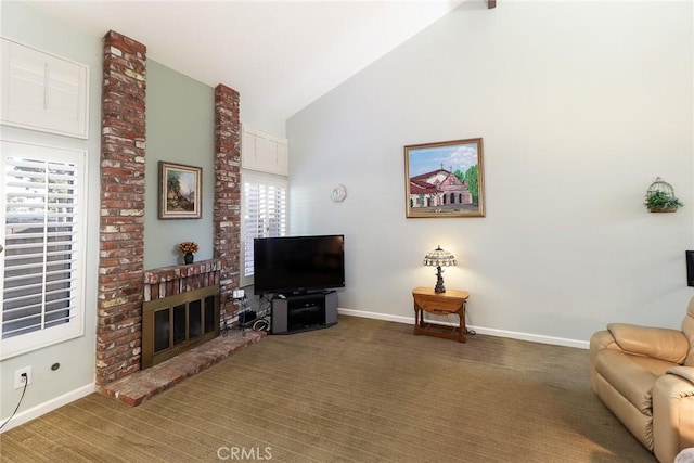 511 W Puente St Unit 4, Covina, CA 91722 - living area with carpet floors, a fireplace, and high vaulted ceiling