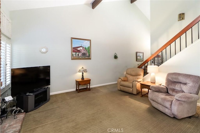511 W Puente St Unit 4, Covina, CA 91722 - carpeted living area with stairs, high vaulted ceiling, and beam ceiling
