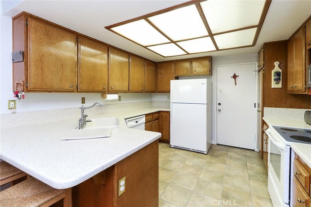 511 W Puente St Unit 4, Covina, CA 91722 - kitchen with white appliances, a peninsula, brown cabinets, and light countertops