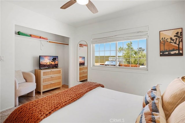 63608 Jadeite St, Joshua Tree, CA 92252 - bedroom with a closet, a ceiling fan, and wood finished floors