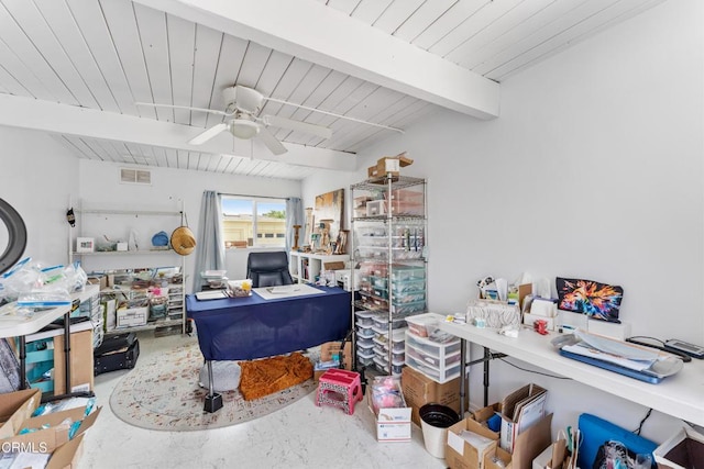 130 E Bay Blvd, Port Hueneme, CA 93041 - office space with a wooden ceiling with exposed beams and a ceiling fan