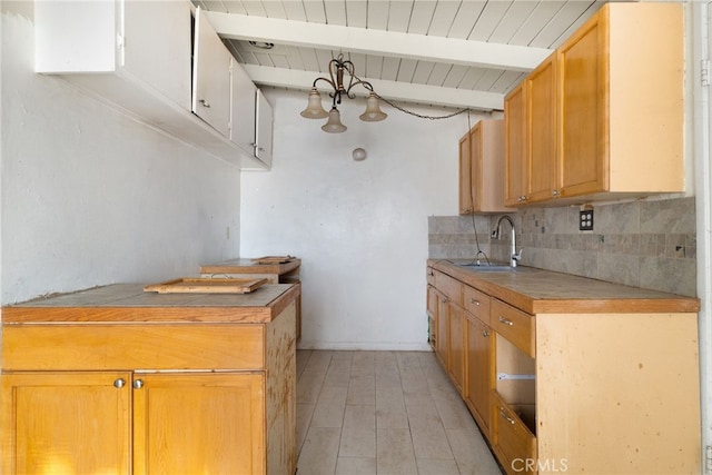 609 S Lassen St, Willows, CA 95988 - kitchen with a wood ceiling with exposed beams, decorative backsplash, light wood-type flooring, and light countertops