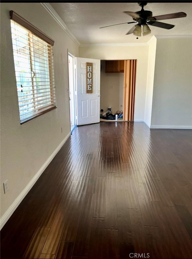 1303 W 109th Pl, Los Angeles, CA 90044 - unfurnished living room featuring a ceiling fan, dark wood-type flooring, and ornamental molding