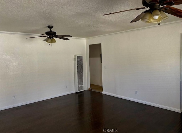 1303 W 109th Pl, Los Angeles, CA 90044 - unfurnished room with a heating unit, ceiling fan, ornamental molding, dark wood finished floors, and a textured ceiling