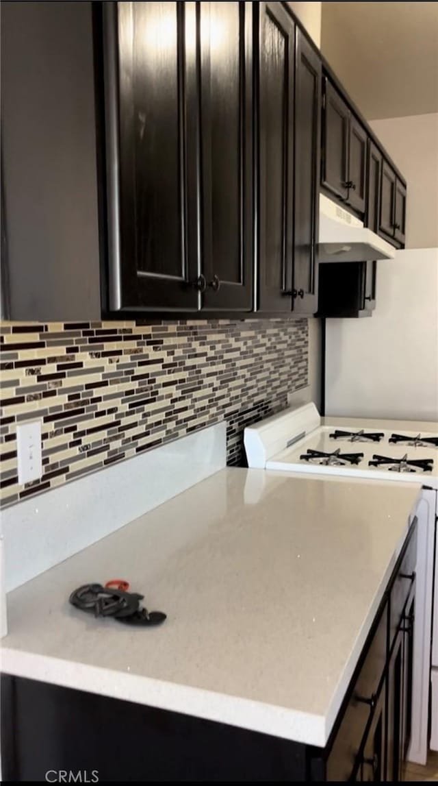 1303 W 109th Pl, Los Angeles, CA 90044 - kitchen with white gas range oven, under cabinet range hood, decorative backsplash, and dark cabinets