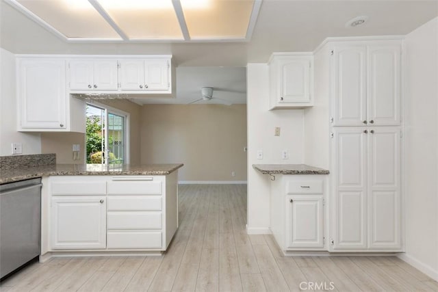 2692 N Fernside St, Orange, CA 92865 - kitchen featuring stainless steel dishwasher, light stone counters, white cabinetry, light wood finished floors, and a peninsula