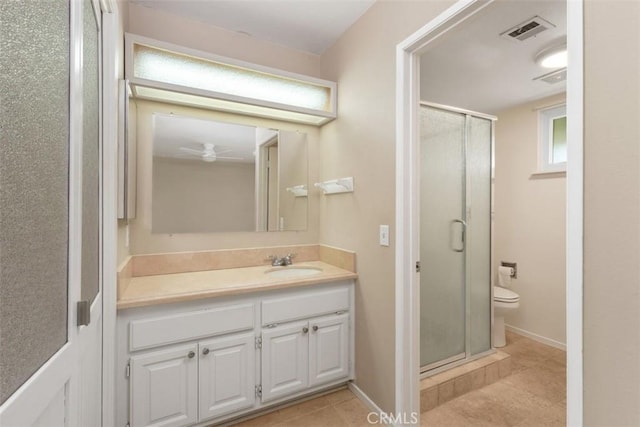 2692 N Fernside St, Orange, CA 92865 - bathroom with a stall shower, vanity, tile patterned floors, and a ceiling fan