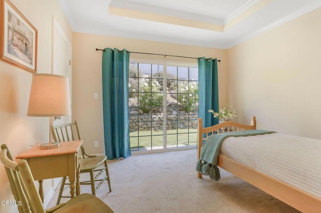 2302 Jayma Ln, La Crescenta, CA 91214 - carpeted bedroom featuring access to exterior, a tray ceiling, and ornamental molding