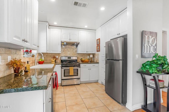 2302 Jayma Ln, La Crescenta, CA 91214 - kitchen with stainless steel appliances, under cabinet range hood, white cabinetry, tasteful backsplash, and recessed lighting