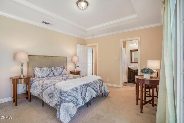 2302 Jayma Ln, La Crescenta, CA 91214 - bedroom featuring light carpet, crown molding, connected bathroom, and a tray ceiling
