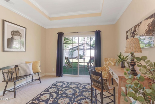 2302 Jayma Ln, La Crescenta, CA 91214 - living area with carpet floors, a tray ceiling, and ornamental molding