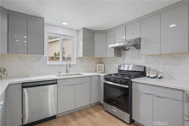 239 N Basilio Ave, San Dimas, CA 91773 - kitchen with appliances with stainless steel finishes, under cabinet range hood, gray cabinetry, and decorative backsplash