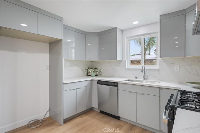 239 N Basilio Ave, San Dimas, CA 91773 - kitchen featuring appliances with stainless steel finishes, gray cabinetry, light wood finished floors, backsplash, and modern cabinets