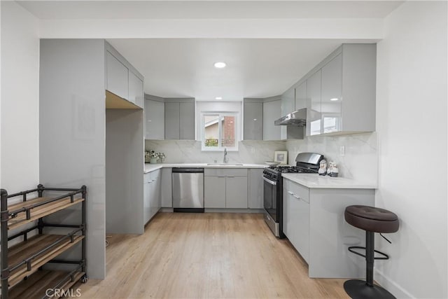239 N Basilio Ave, San Dimas, CA 91773 - kitchen featuring appliances with stainless steel finishes, gray cabinets, light wood-style flooring, tasteful backsplash, and recessed lighting