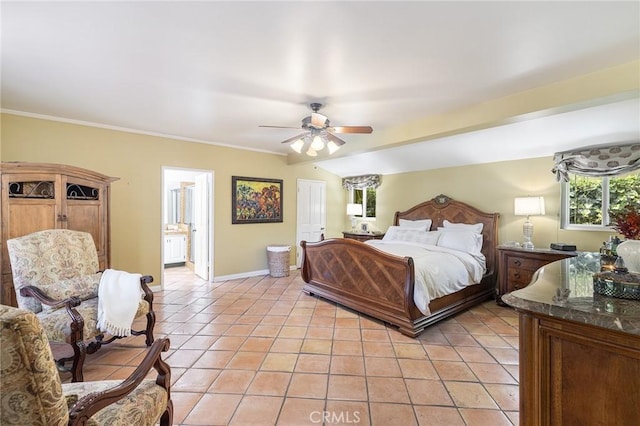 8841 White Oak Ave, Sherwood Forest, CA 91325 - bedroom featuring light tile patterned floors, ornamental molding, ceiling fan, and ensuite bath