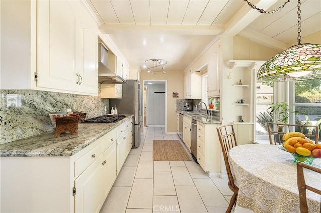 8841 White Oak Ave, Sherwood Forest, CA 91325 - kitchen with wall chimney exhaust hood, light tile patterned floors, backsplash, stainless steel appliances, and white cabinets