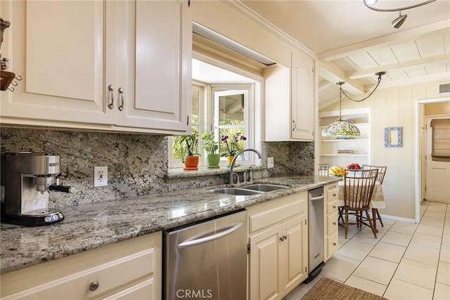 8841 White Oak Ave, Sherwood Forest, CA 91325 - kitchen with dishwasher, backsplash, light tile patterned flooring, light stone countertops, and hanging light fixtures