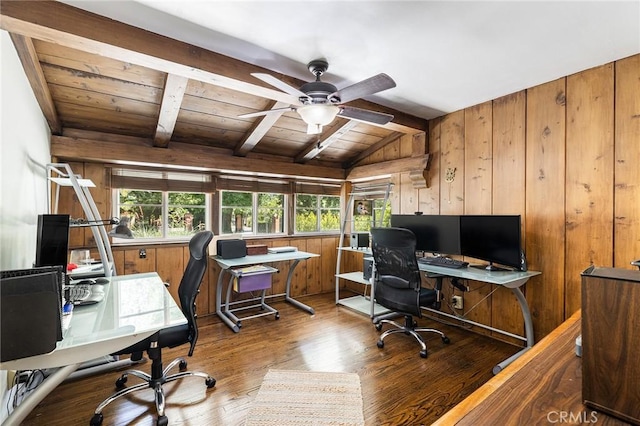8841 White Oak Ave, Sherwood Forest, CA 91325 - office area with wood finished floors, wood walls, a ceiling fan, and wood ceiling