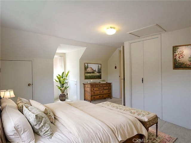 1023 Fremont St, Calimesa, CA 92320 - bedroom with light colored carpet, a closet, and vaulted ceiling