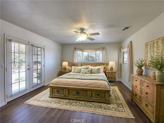 1023 Fremont St, Calimesa, CA 92320 - bedroom with access to outside, dark wood-style flooring, french doors, and ceiling fan