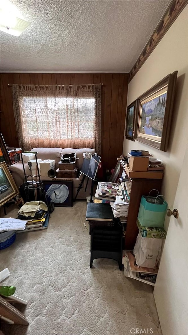 14020 Avion Dr, La Mirada, CA 90638 - carpeted living room featuring wood walls and a textured ceiling