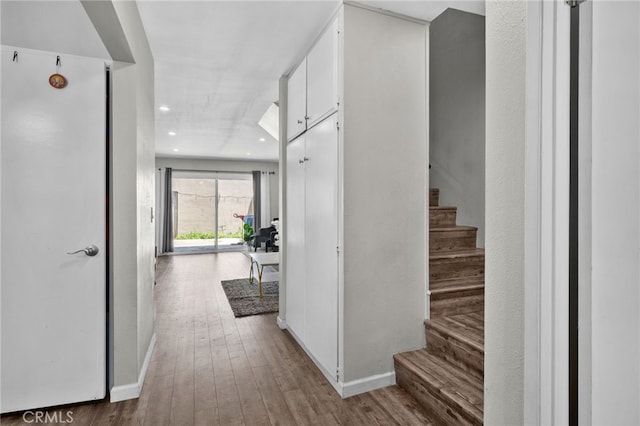 13948 Dawson St, Garden Grove, CA 92843 - corridor featuring stairs, wood-type flooring, and recessed lighting